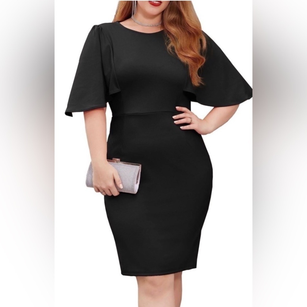Grace Karin Black 3/4 Ruffle Cape Sleeve Pencil Dress Size Large  SKU 23